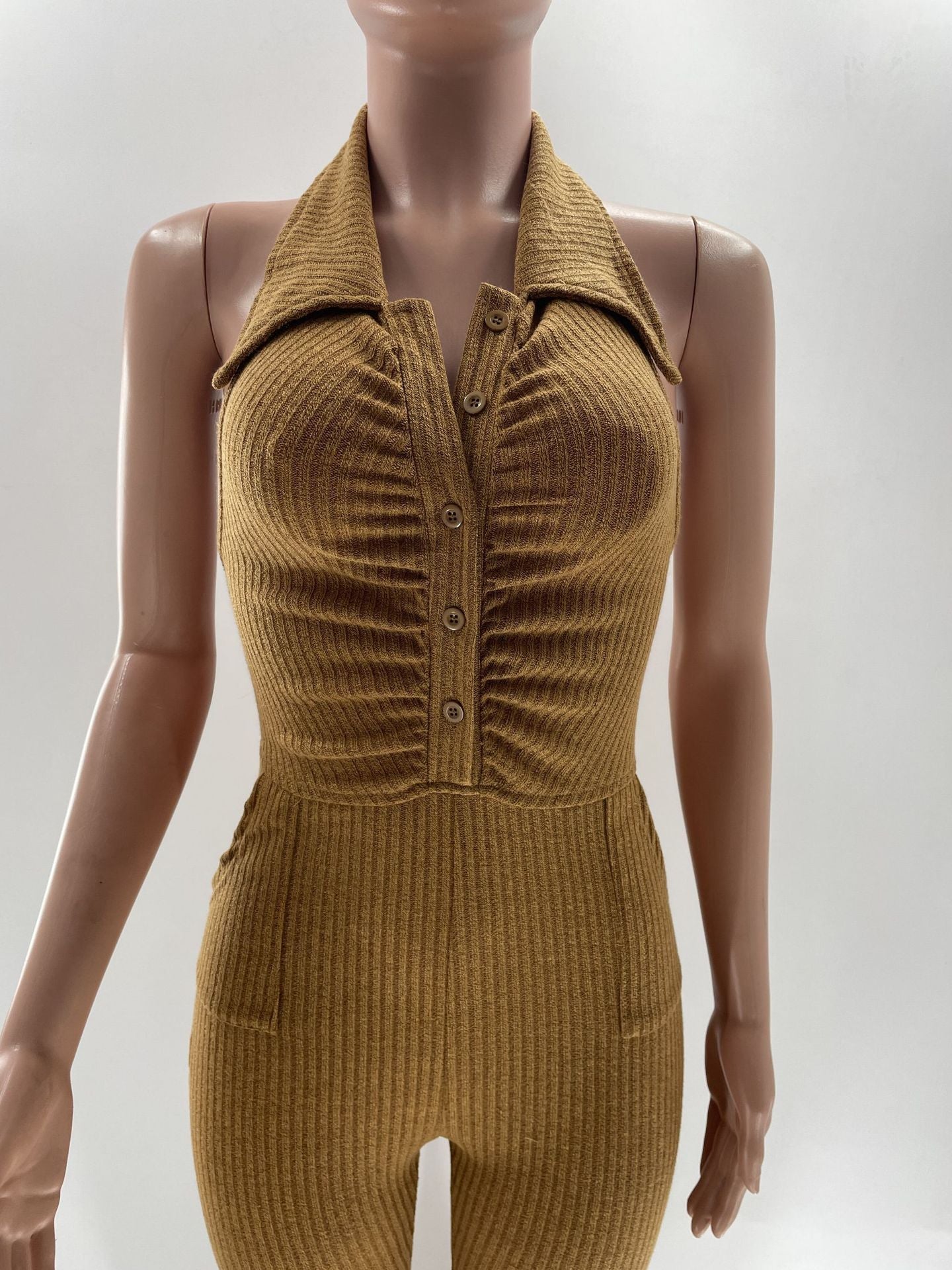 Women's Solid Color Sexy Low Back Halter Neck Turndown Collar Jumpsuit 14