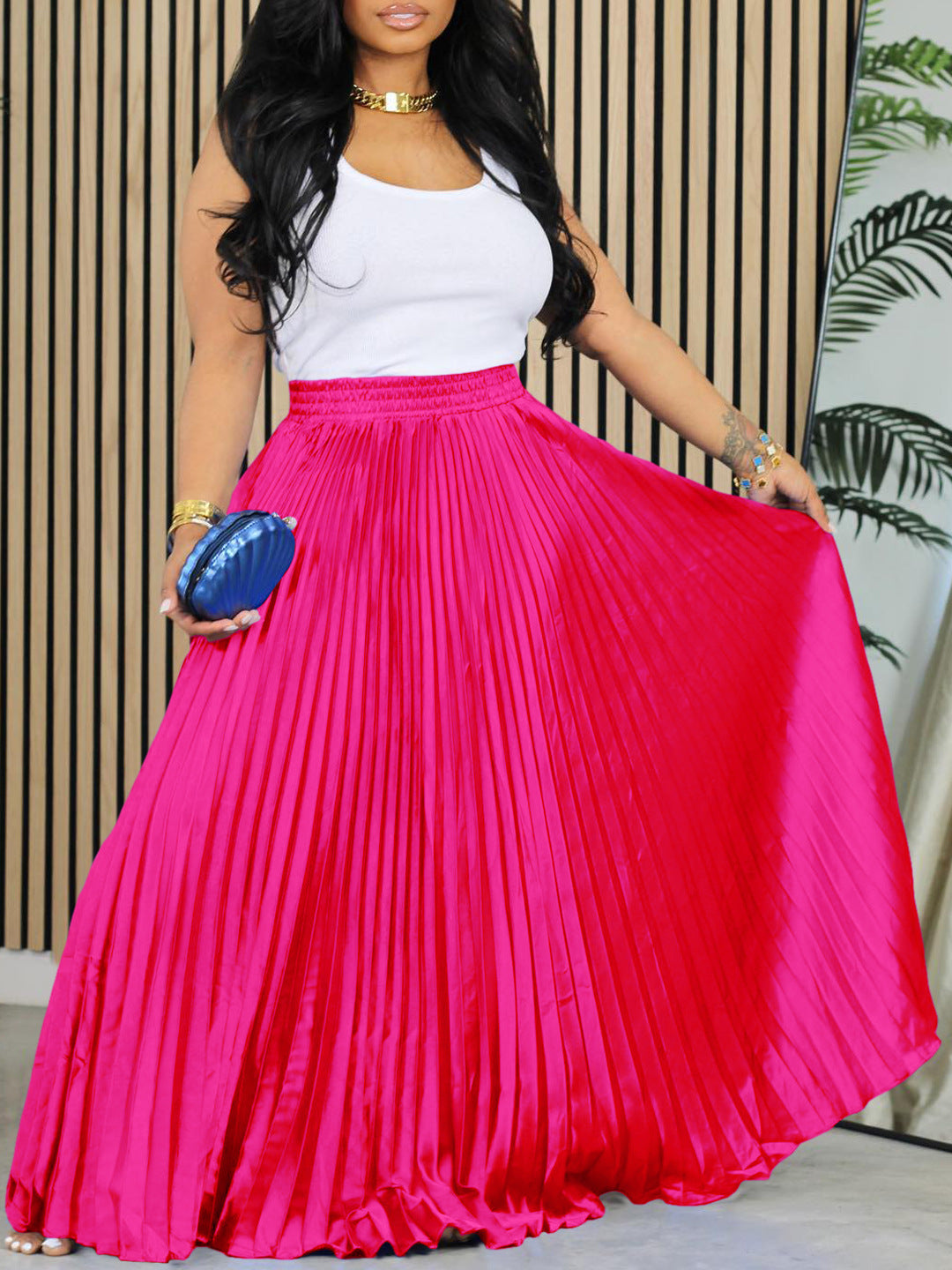 Women's Plus Size Mid-High Waist Pleated Long Skirt 12