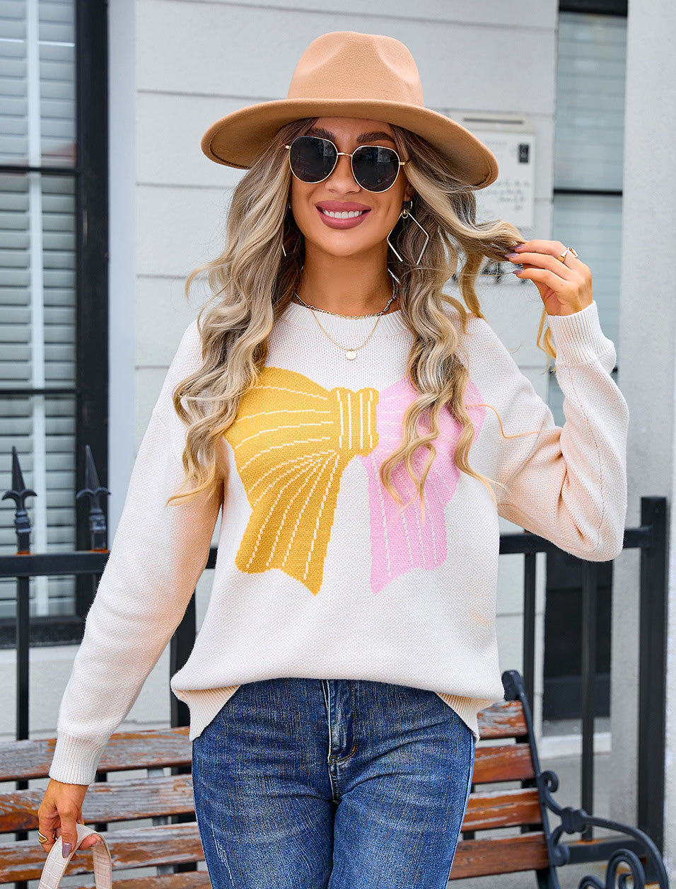 Autumn Winter Sweater Women's Bow Color Matching Knitting Pullover Shirt 26