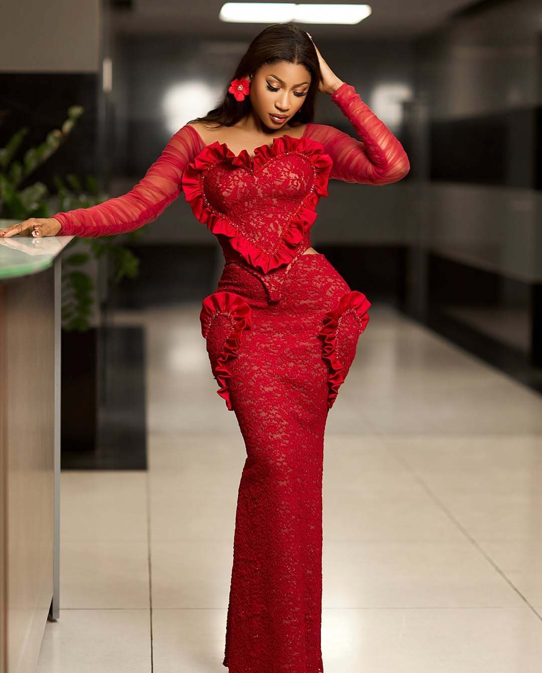 Women mesh sexy long-sleeved off-shoulder top and skirt two-piece set 3