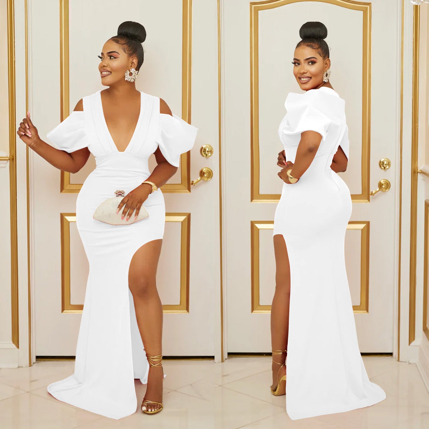 Women's Fashion Solid Color V-Neck Pleated Slit Maxi Dress 6