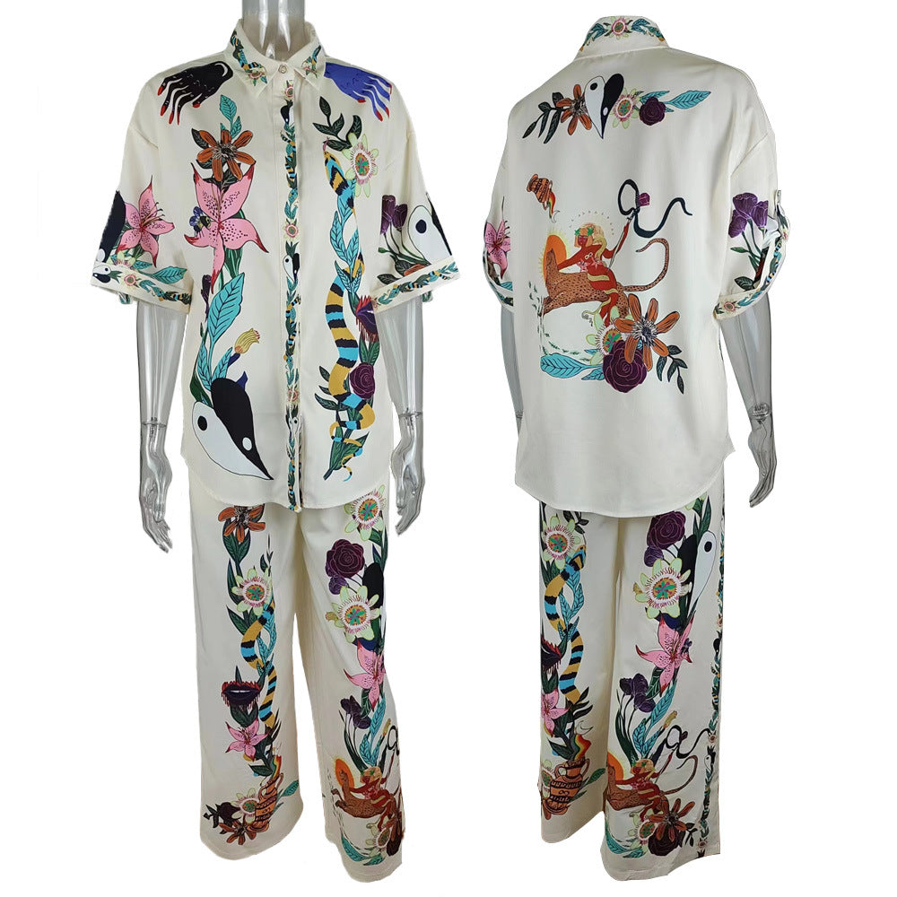 Summer Women Loose Printed Shirt Trousers Two-piece Set 11