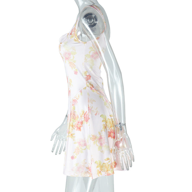 Sexy Sweet Women's Low Back Printed Trendy Strap Slim Waist A-line Short Dress 7