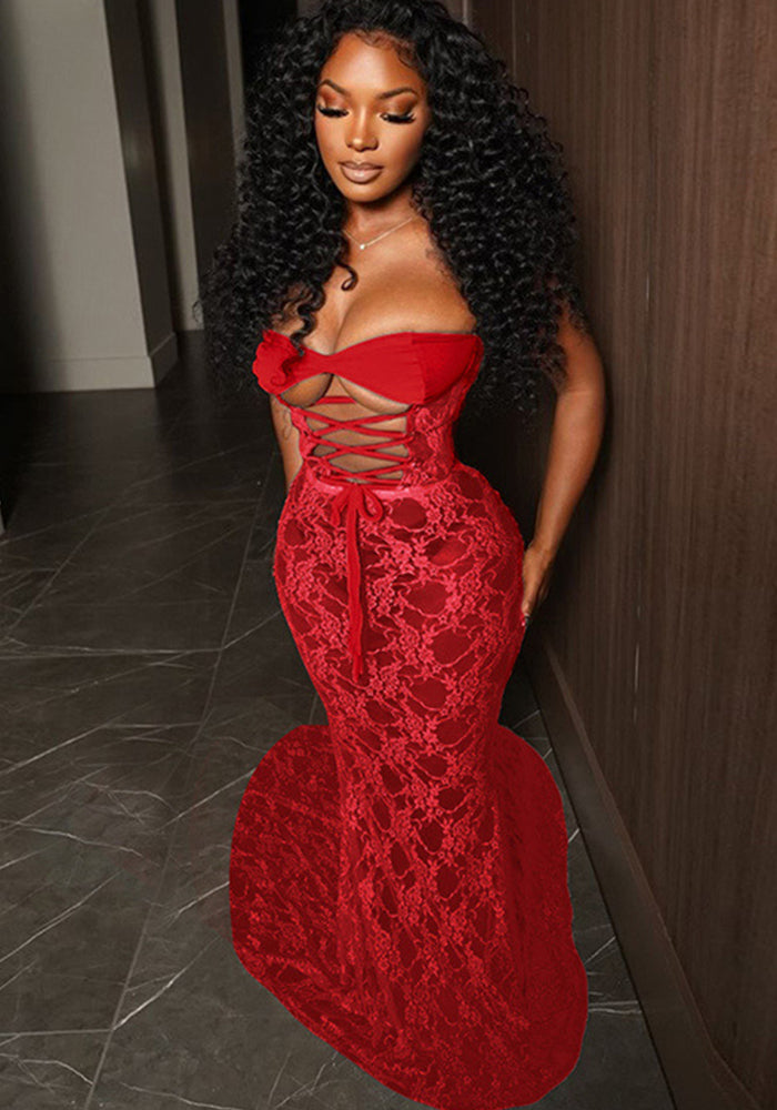 Women Sexy Strapless Lace-Up Lace See-Through Patchwork Bodycon Dress