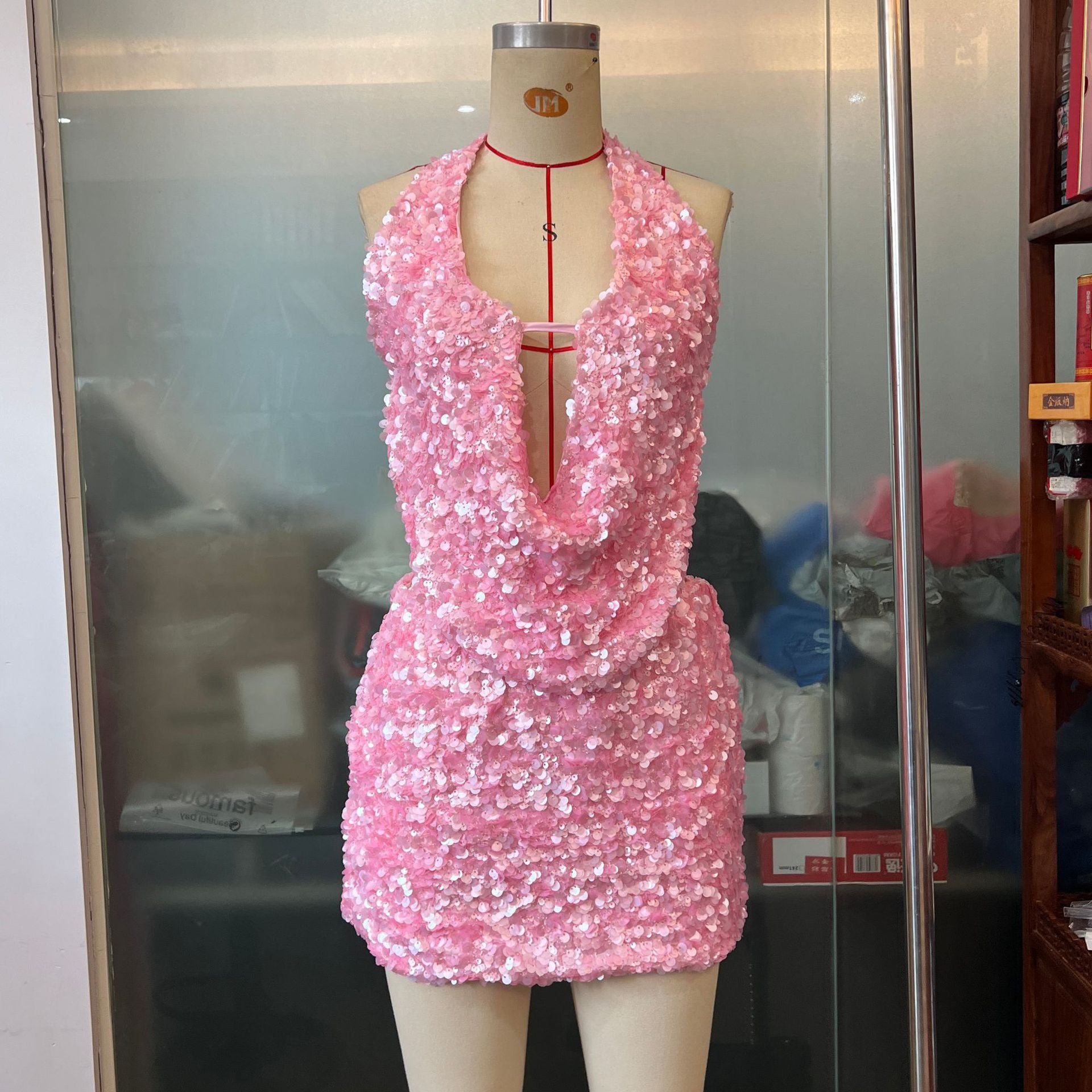 Sequin Low Back Tie Halter Neck Fitted Bodycon Skirt Set 7