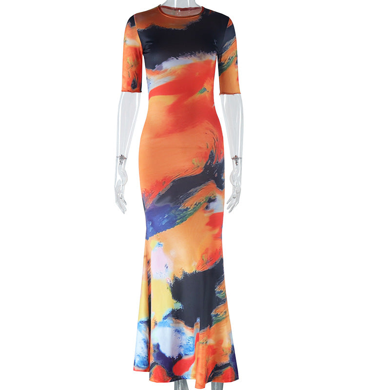 Women's Fashion Printed Round Neck Short Sleeve Street Casual Long Dress 6