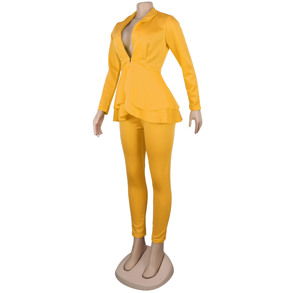 Sexy Women's Solid Color V-Neck Two-Piece Pants Set 23