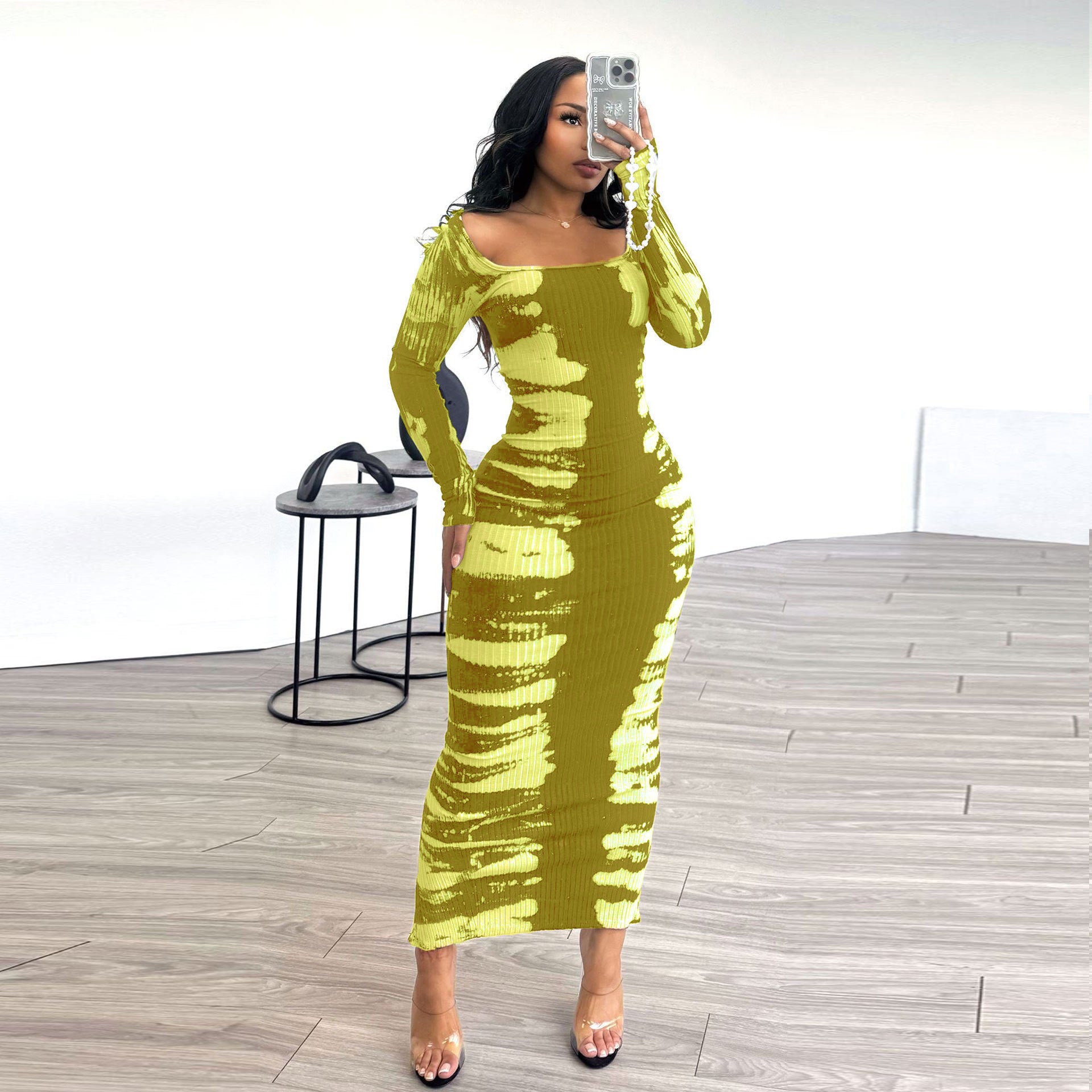 Women Printed Long Sleeve Square Neck Sexy Bodycon Dress 7