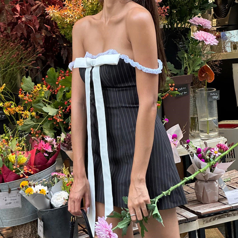 Summer Sexy Bow Lace Off Shoulder Strap Mini Women's Dress 3