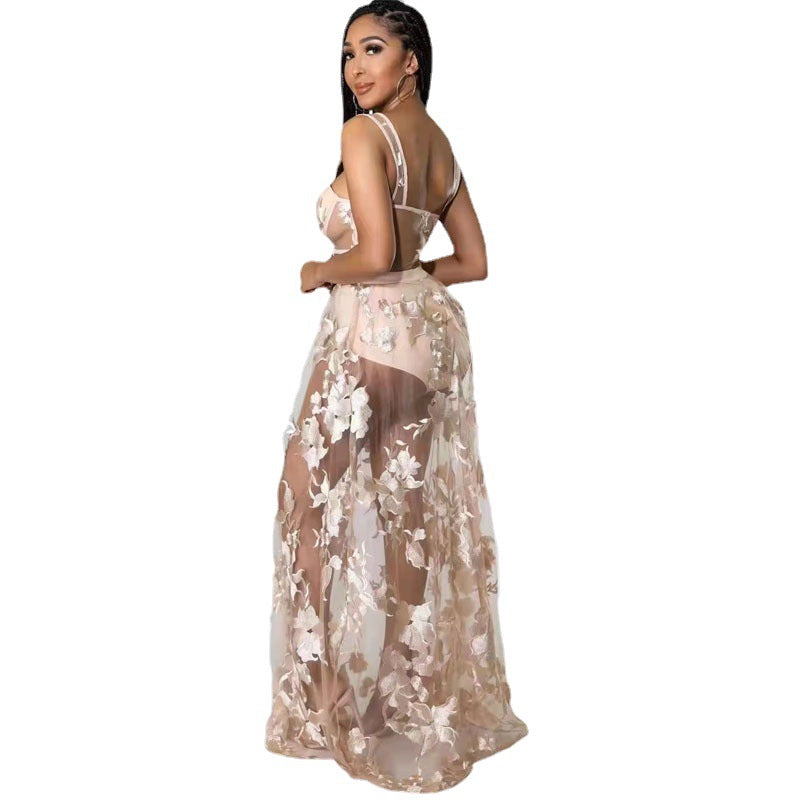 Women Solid Embroidered See-Through Non-Stretch Strap Dress 6