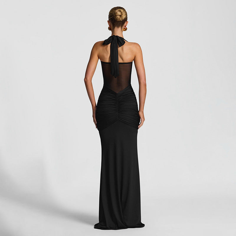 Women Halter Neck Lace Solid Mesh See-Through Sexy Ribbon Maxi Dress 4