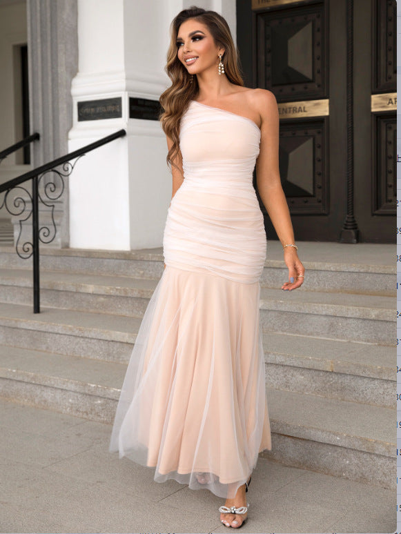 Sexy Fashion Slash Shoulder Ruch Mesh Formal Party Dress