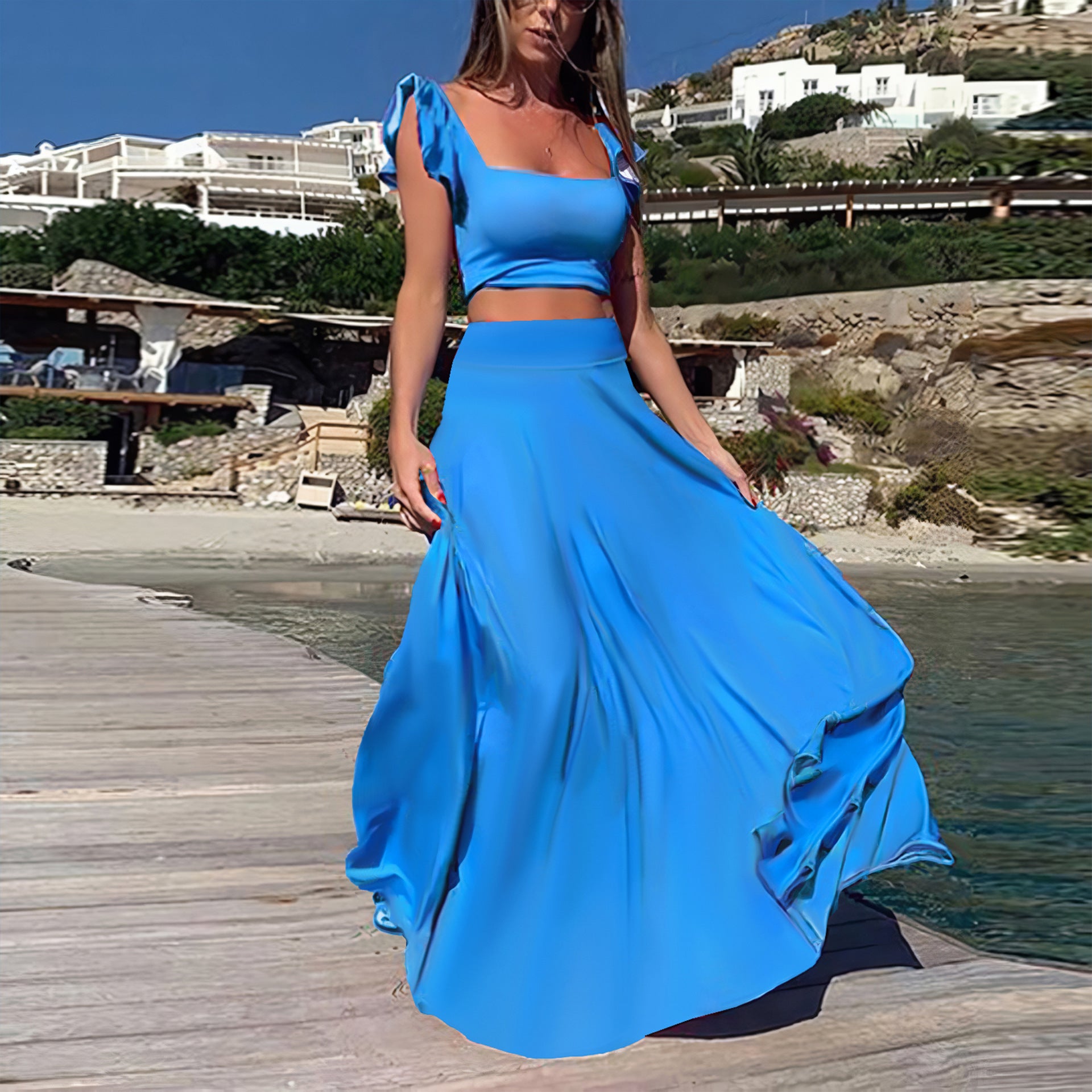 Women sexy and elegant lace Solid Sleeveless Top and Long Skirt Two-piece Set 4