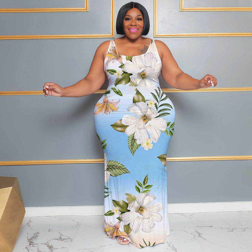 Plus Size Women's Summer Casual Sleeveless Digital Print Long Dress 3