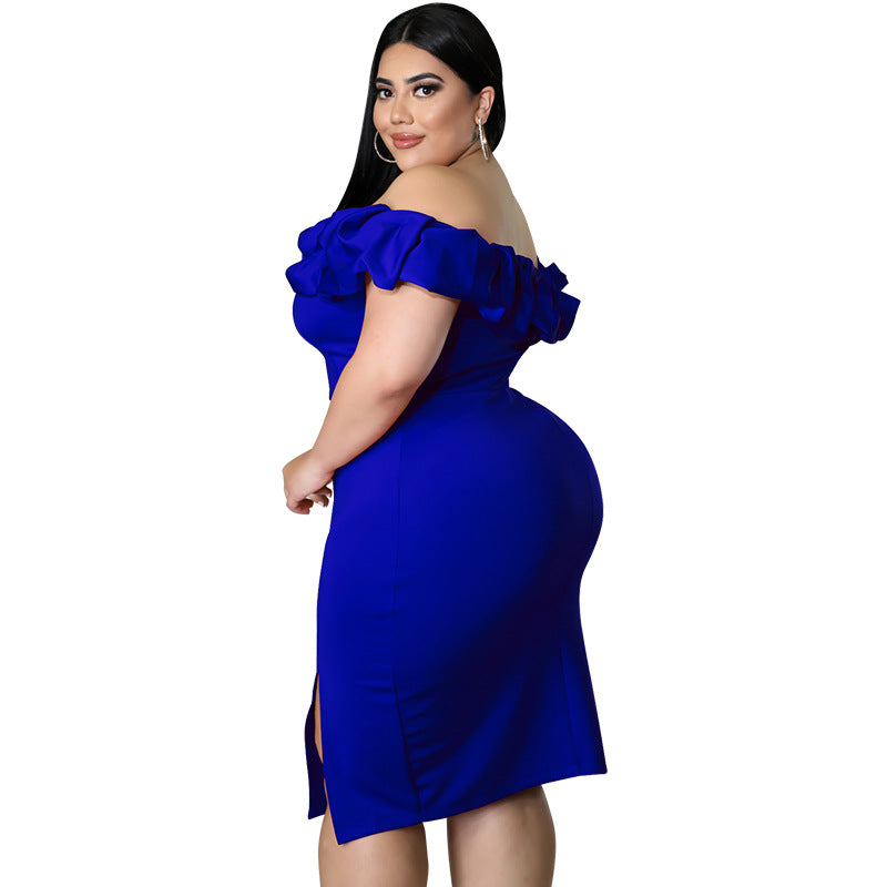 Fashion Plus Size Women's Summer Sexy Off Shoulder Ruffled Slit Bodycon Dress 8