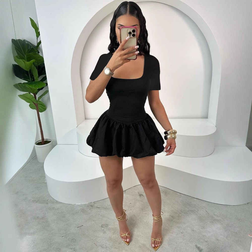 Women Short Sleeve Sexy Flower Bud Strap Dress 4