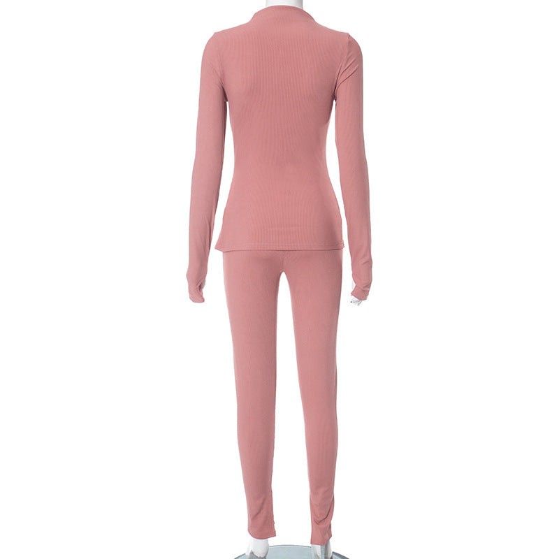 Women's Autumn and Winter Solid Color Tight Fitting Long Sleeve Top Slit Pants Casual Set 13