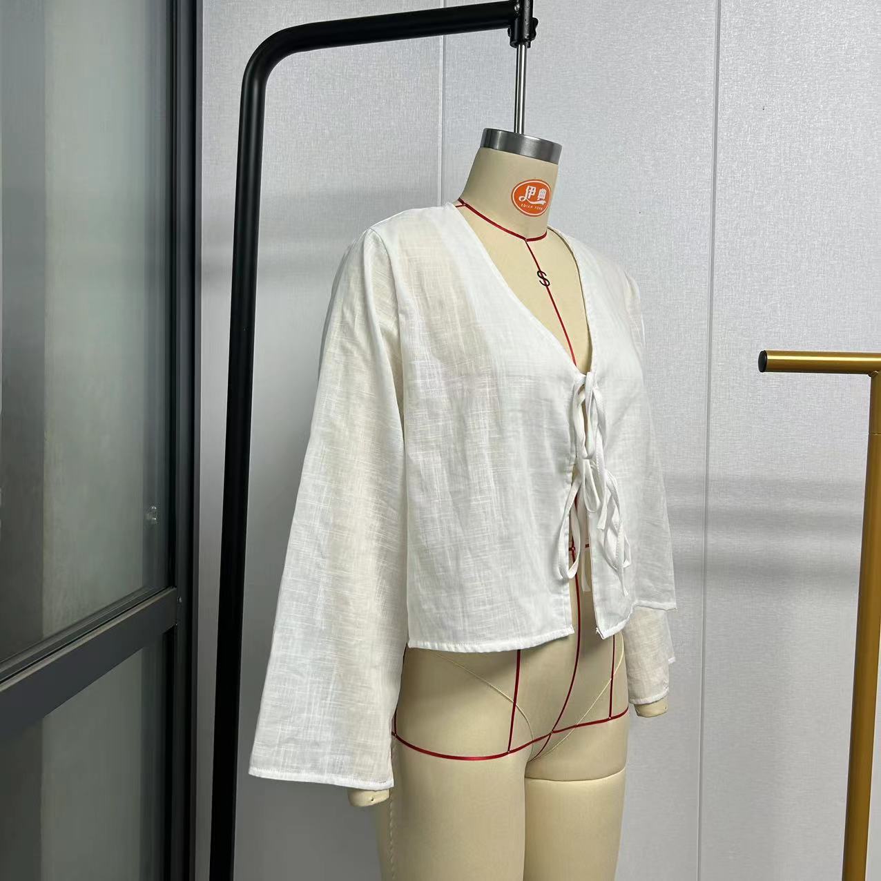 Women's Deep V Bell Bottom Sleeve Lace-Up Tops 10