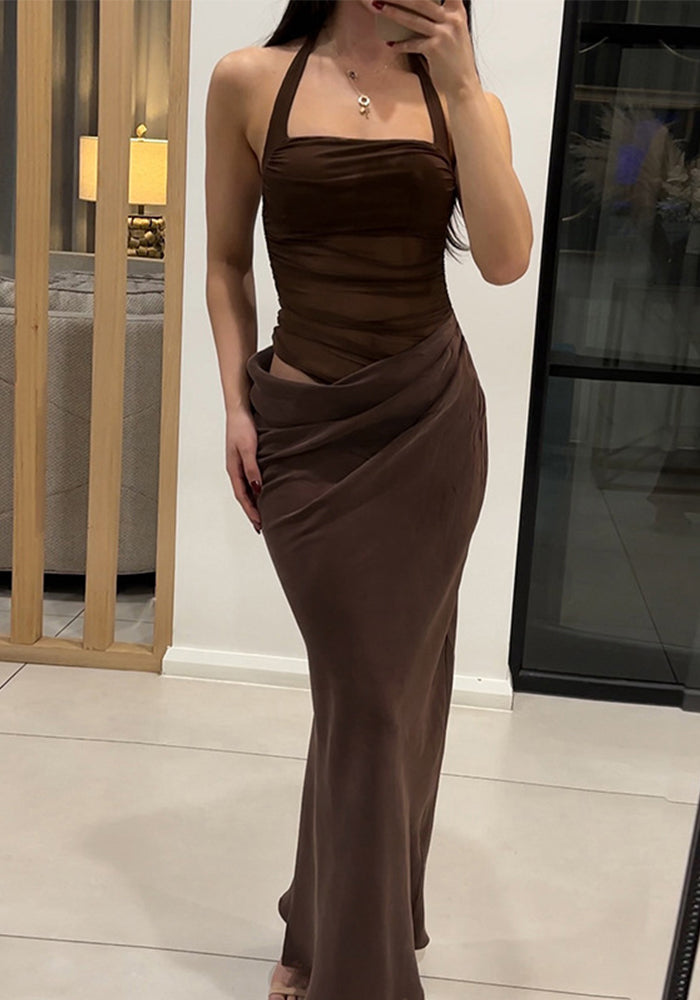 Spring Summer Sexy Low Back Lace-Up Halter Neck Solid Chic Maxi Dress