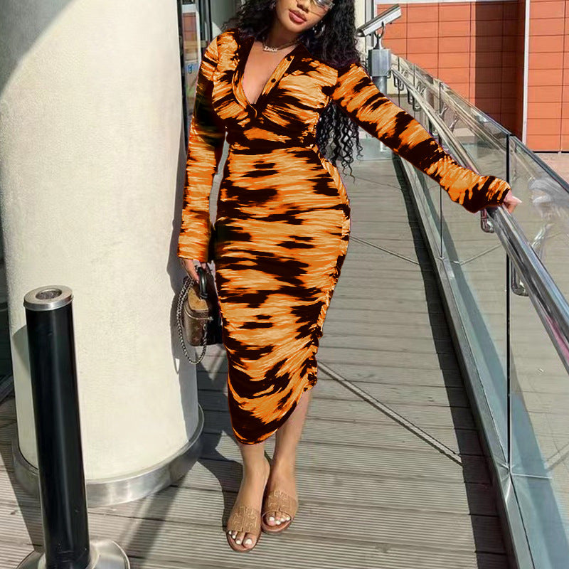 Women's Spring And Summer Printed Fashion Casual Pleated Long Sleeve Slim Chic Long Dress 6