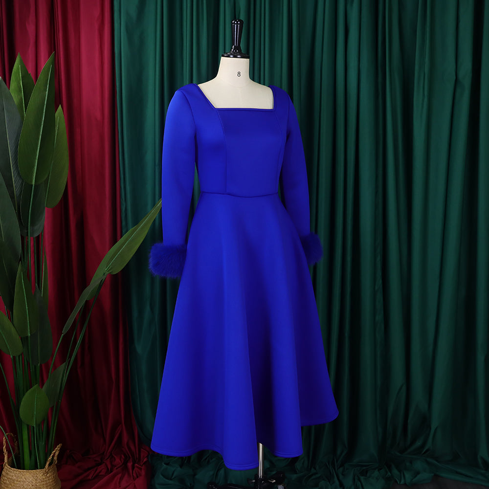 Winter Chic Elegant Fur Decorated Long Sleeve A-Line African Party Dress 25