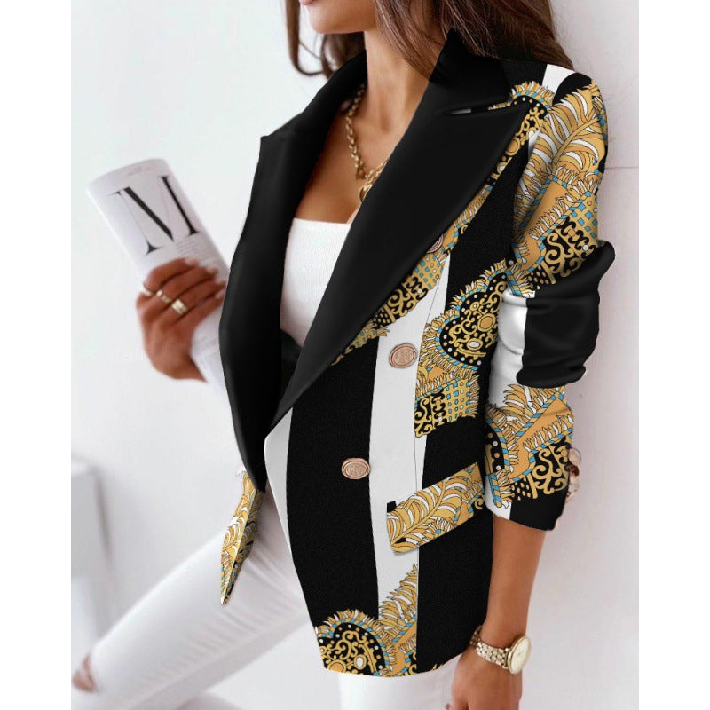 Women Autumn and Winter Long Sleeve Double-Breasted Printed Suit 3
