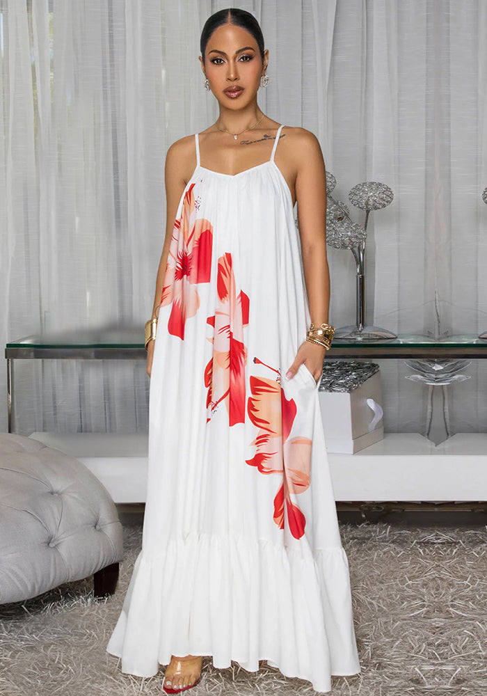 Fashion Women's Sexy Strappy Floral Print Low Back Maxi Dress