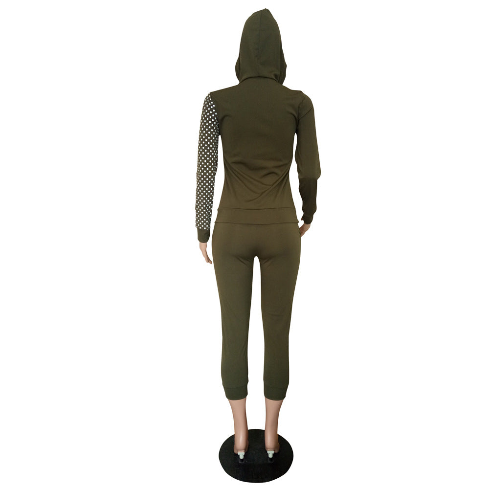 Women's Autumn Winter Fashion Zipper Polka Dot Patchwork Hooded Two-Piece Pants Set 8