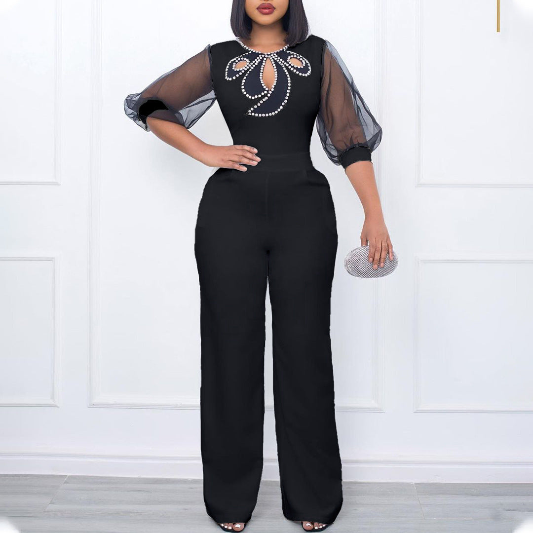 Women'S Summer Short Sleeve Puff Sleeve Beaded Sexy Wide Leg Slim Waist Plus Size Jumpsuit 3