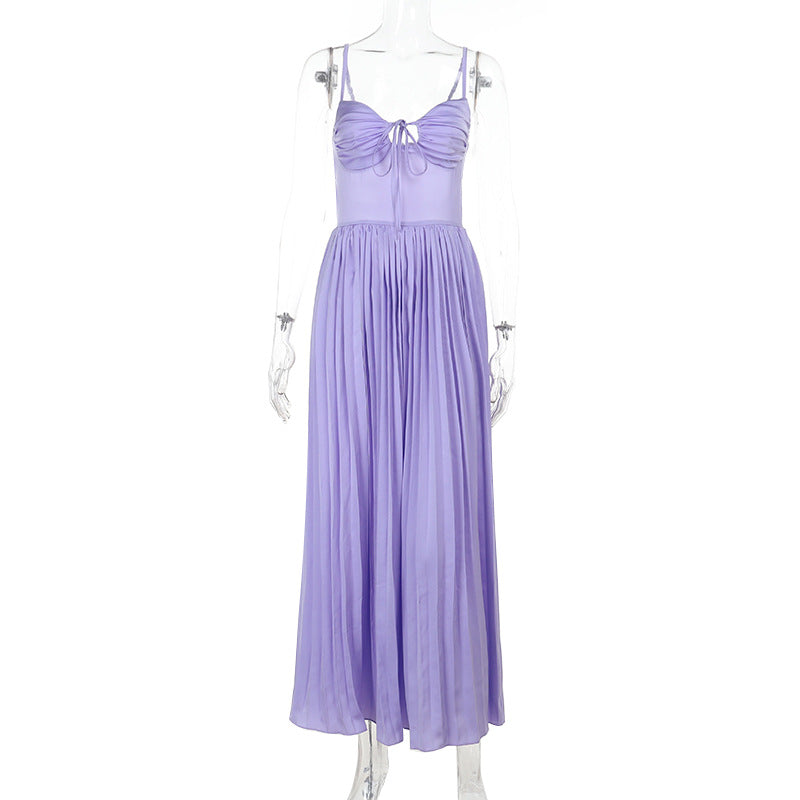 Summer Sexy Low Back Tie Holidays Pleated Strap Long Dress 4