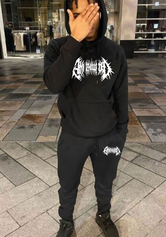 Trendy Gothic Print Hoodies Sweatpants Casual Two-Piece Set