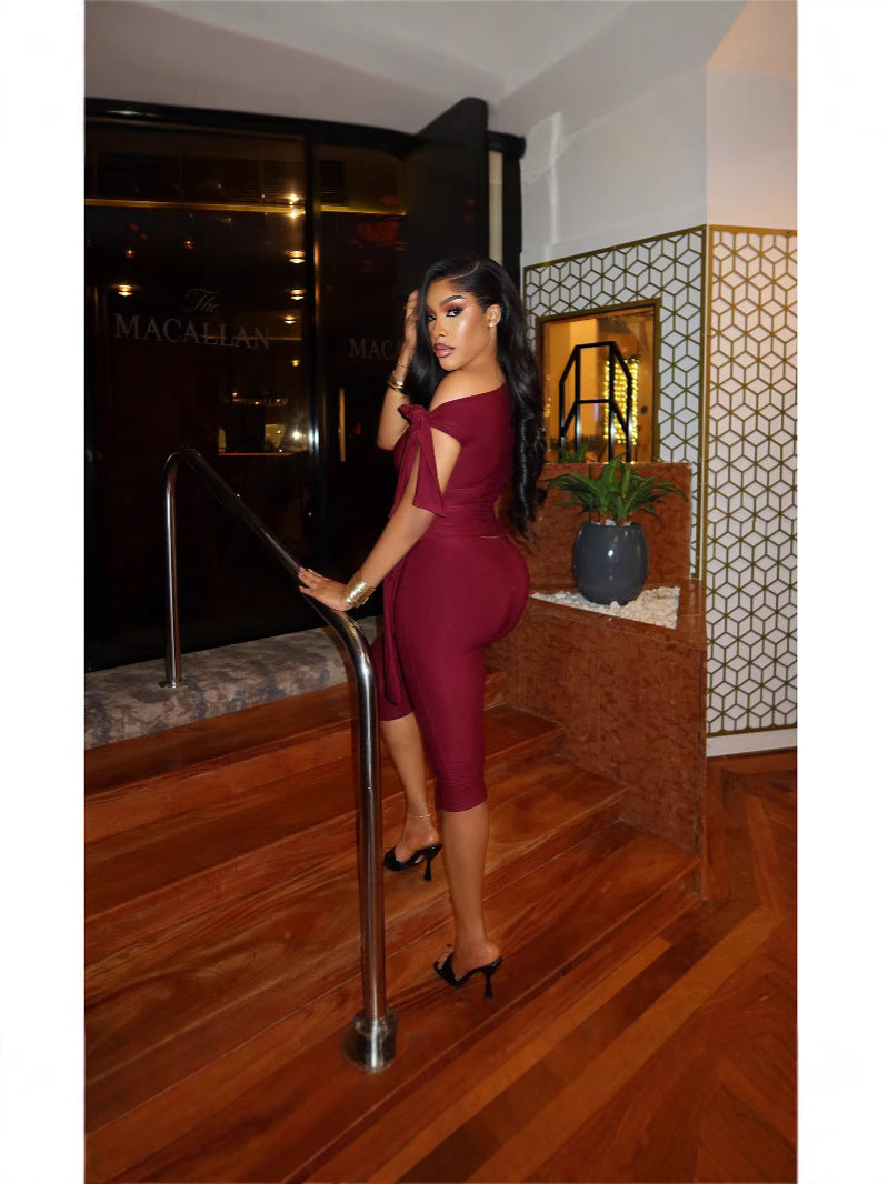 Women Summer Slash Shoulder Lace-Up Casual Solid Top and Shorts Two Piece Set 9