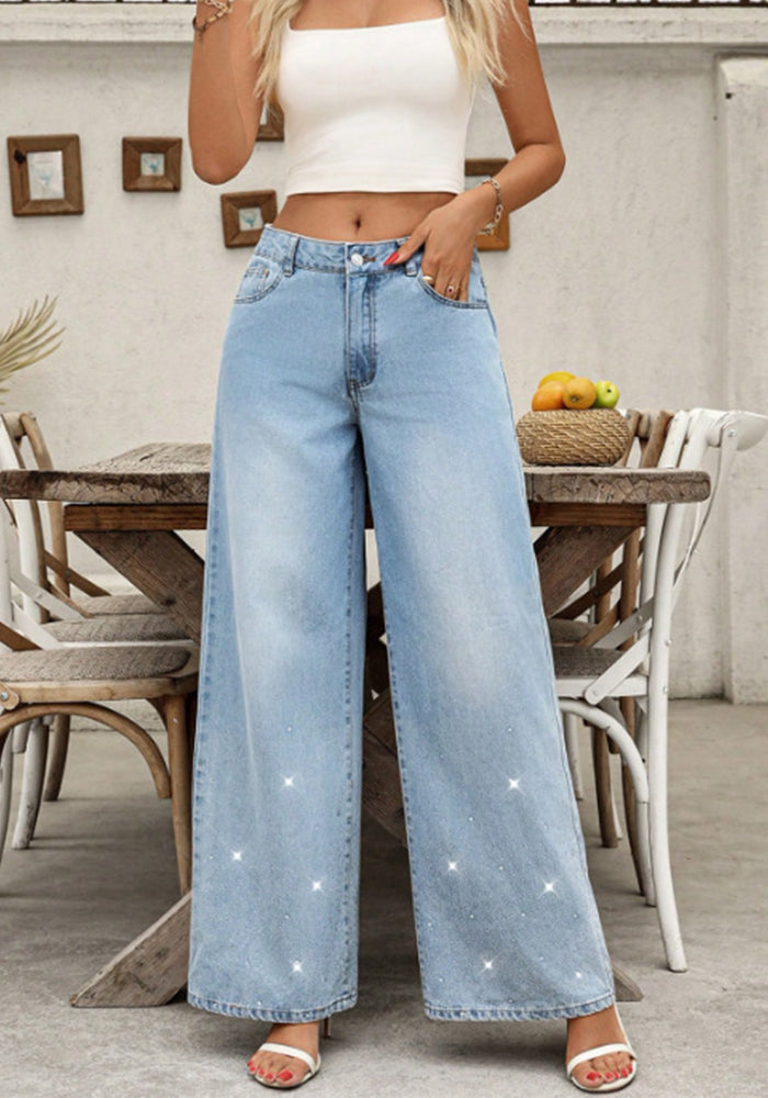 Women's Low-Waist Straight Beaded Wide-Leg Denim Pants