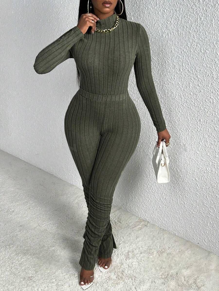 Women's Knitting Autumn And Winter Long Sleeve Fashion Solid Color Tight Slim Two Piece Pants Set 3