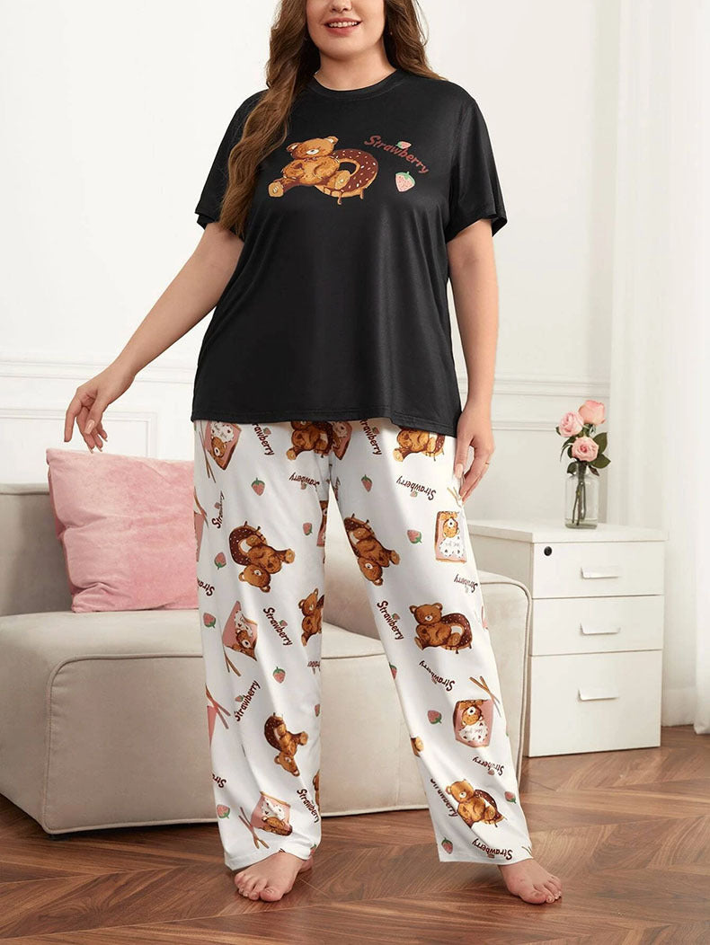 Plus Size Women Cute Bear Printed T-shirts and Pants Pajamas Two Piece 3