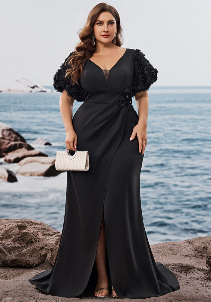 Plus Size Puff Sleeve Evening Dress Formal Party Sexy Slit Chic Mermaid Long Dress