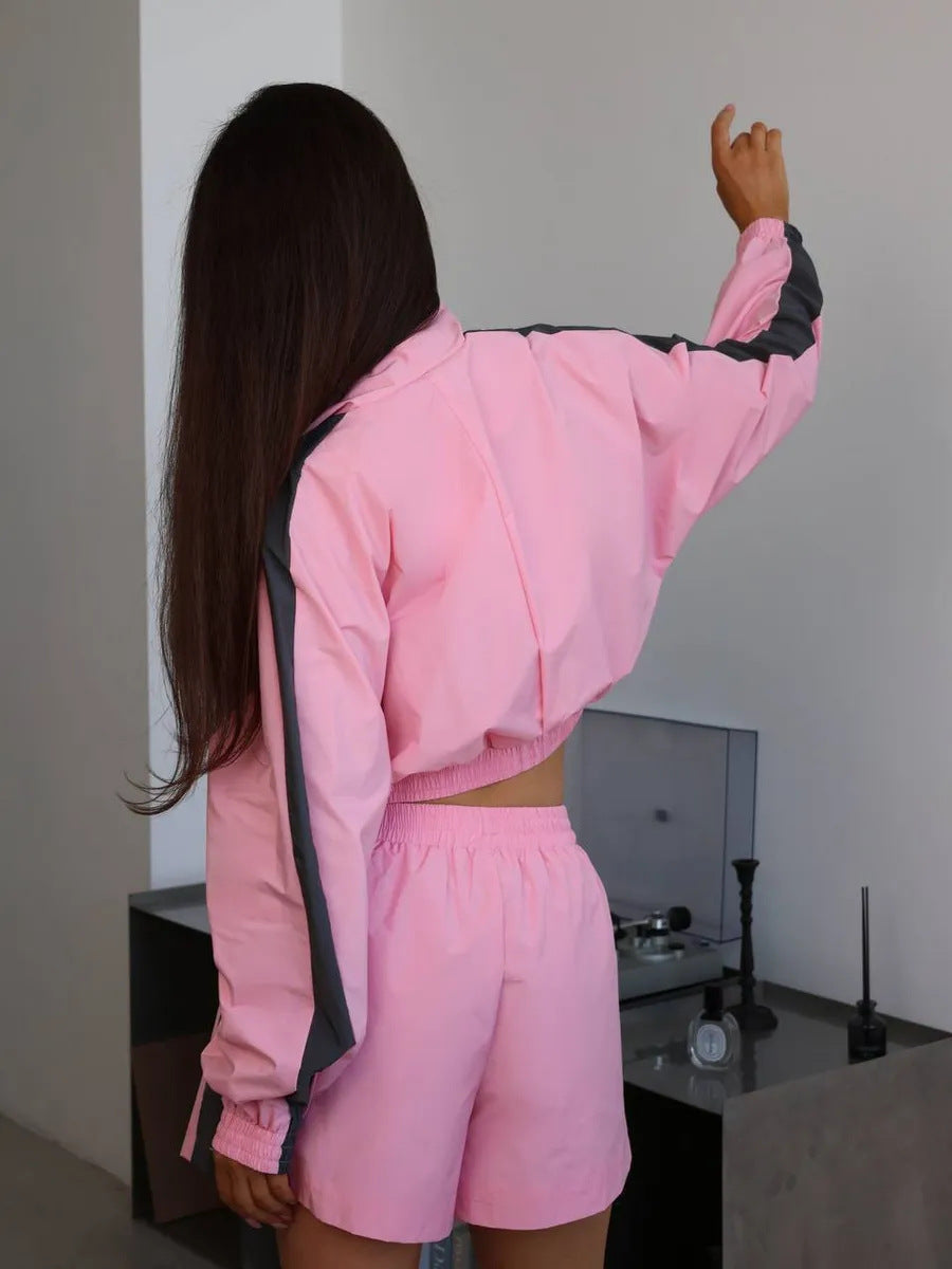 Fashion Women's Long Sleeve Zipper Sports Jacket and Shorts Two Piece Set Casual Sportswear