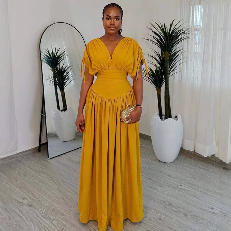 Women's V-Sleeve Elastic Slim Waist Solid Color  African High-Waist Long Dress 5