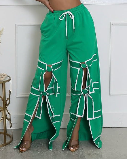 Women Solid Patchwork Lace-Up Casual Pants 4