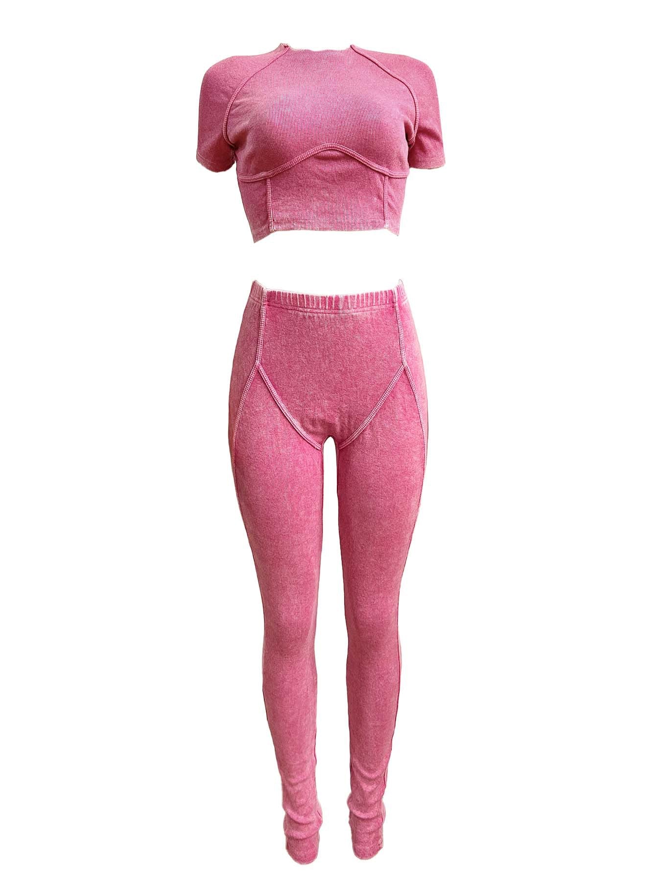 Women washed Ribbed short-sleeved top and trousers two-piece set 7