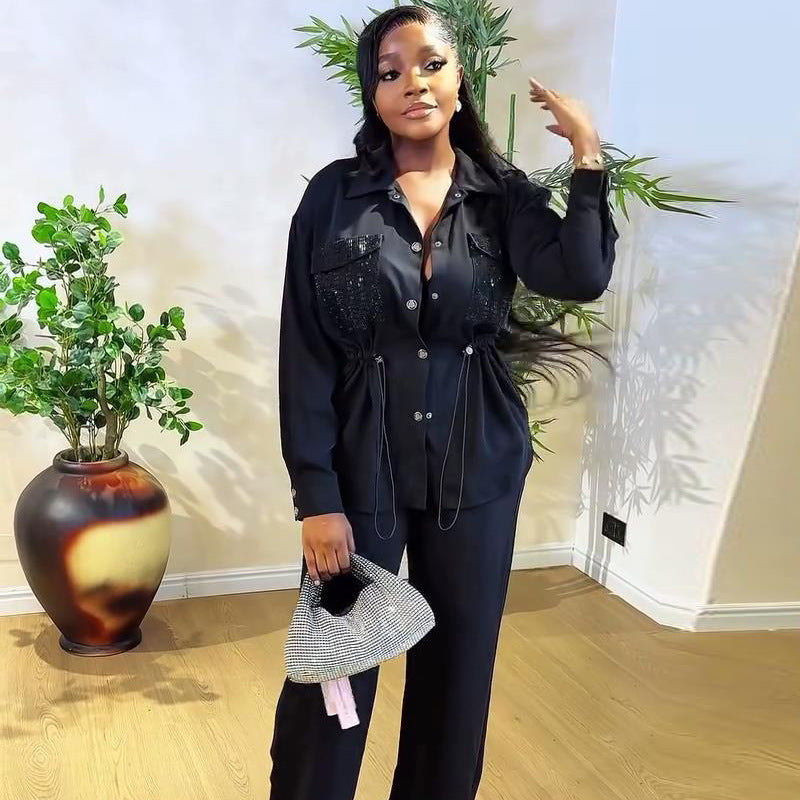 Spring Women's Suit Slim Waist Shirt Trousers Black Two-Piece Set 5