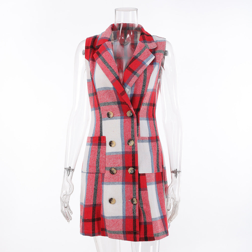 Women's Fashion Plaid Long Vest Turndown Collar Sleeveless Blazer 16
