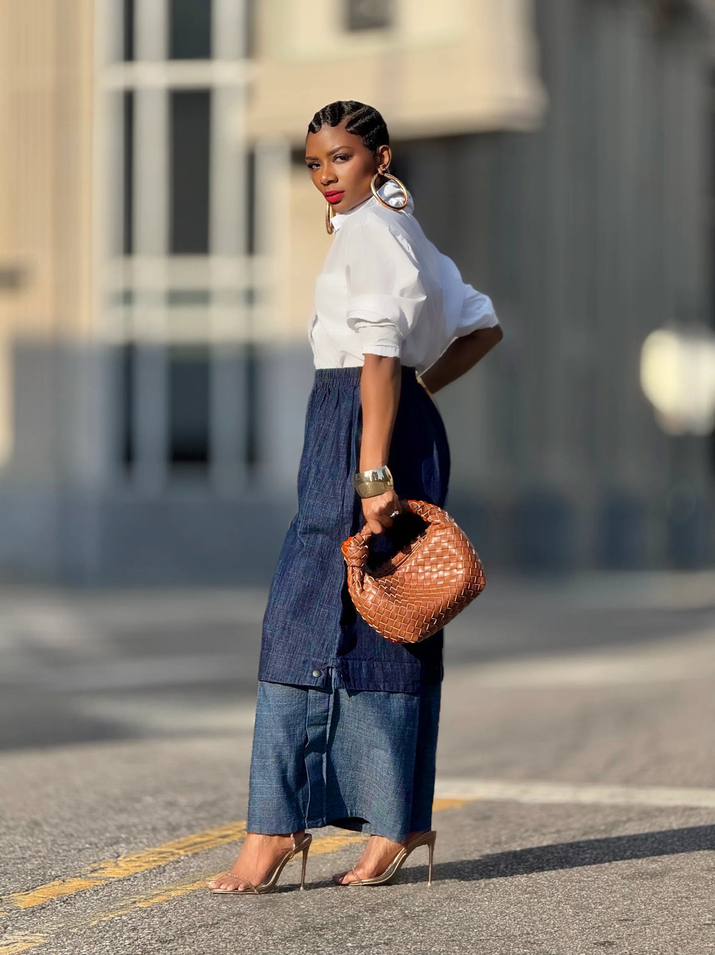 Street Style Patchwork Color-Block Wide-Leg Denim Pants 6