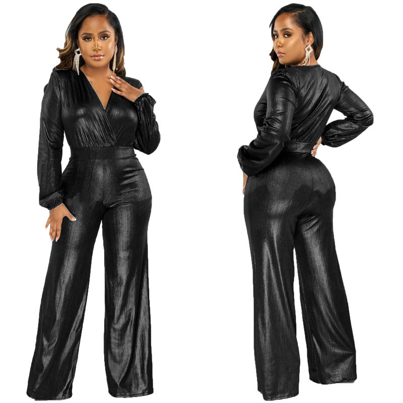 Sexy V Neck Shiny Long Sleeve Ladies Jumpsuit 19