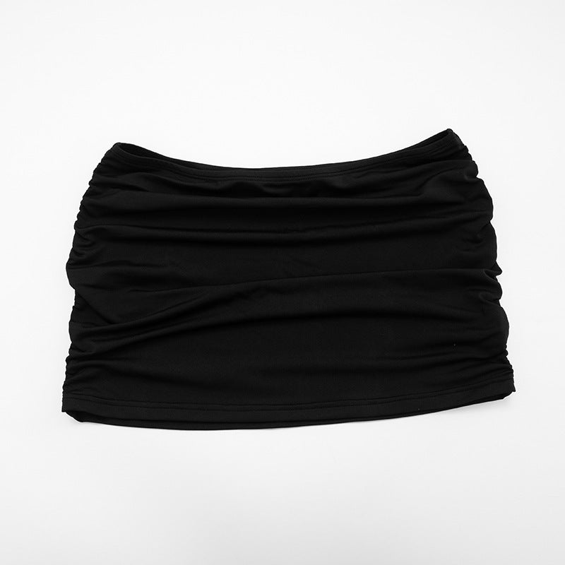 Women Autumn/Winter Cross-Gathered Double-Collared Top and See-Through Mesh Skirt with Three-Piece Knee Pads 24