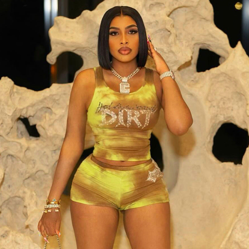 Women’s Spring Summer Round Neck Tie Dye Printed Beaded Sleeveless Two Piece Shorts Set