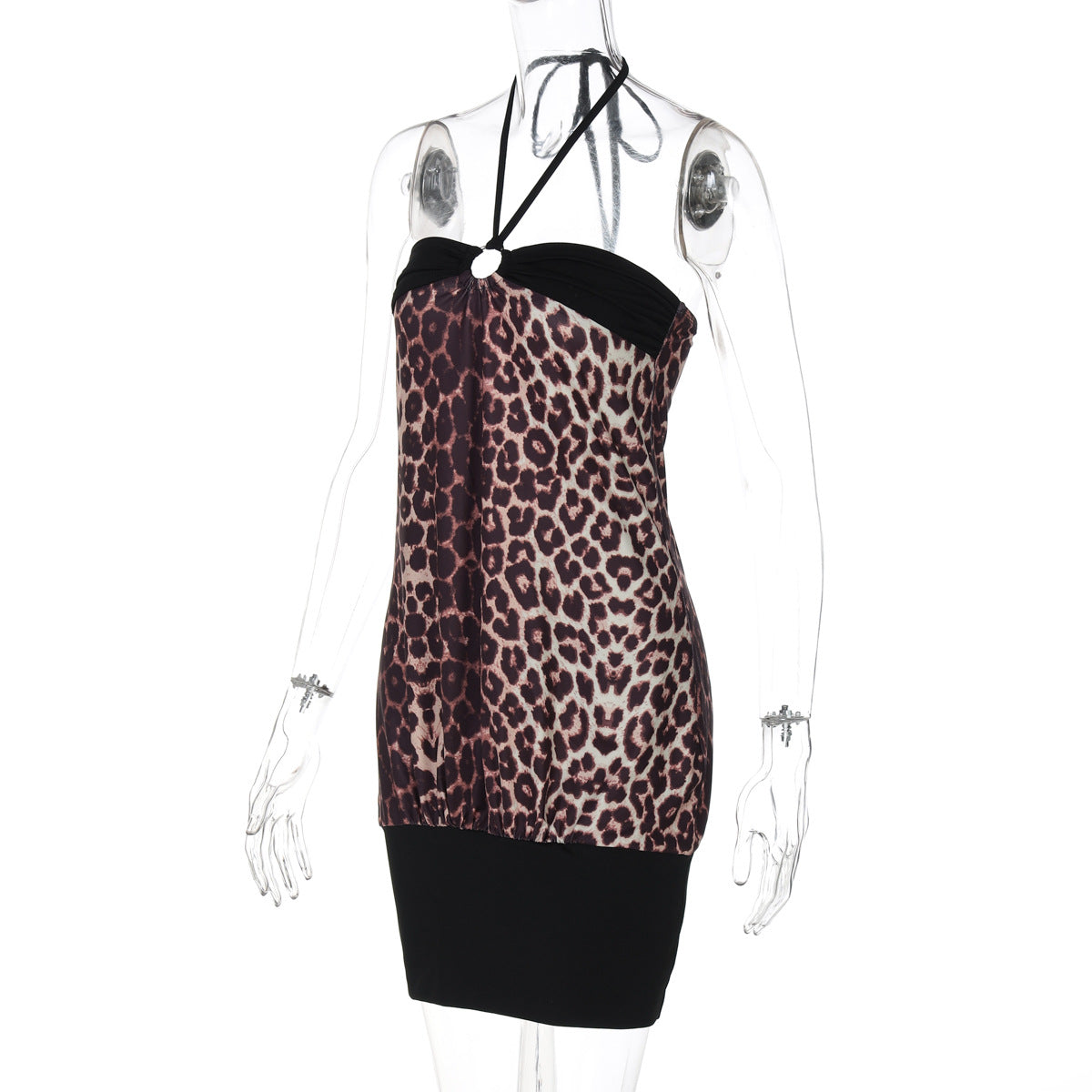 Women's Summer Tie Halter Leopard Patchwork Short Bodycon Dress 6