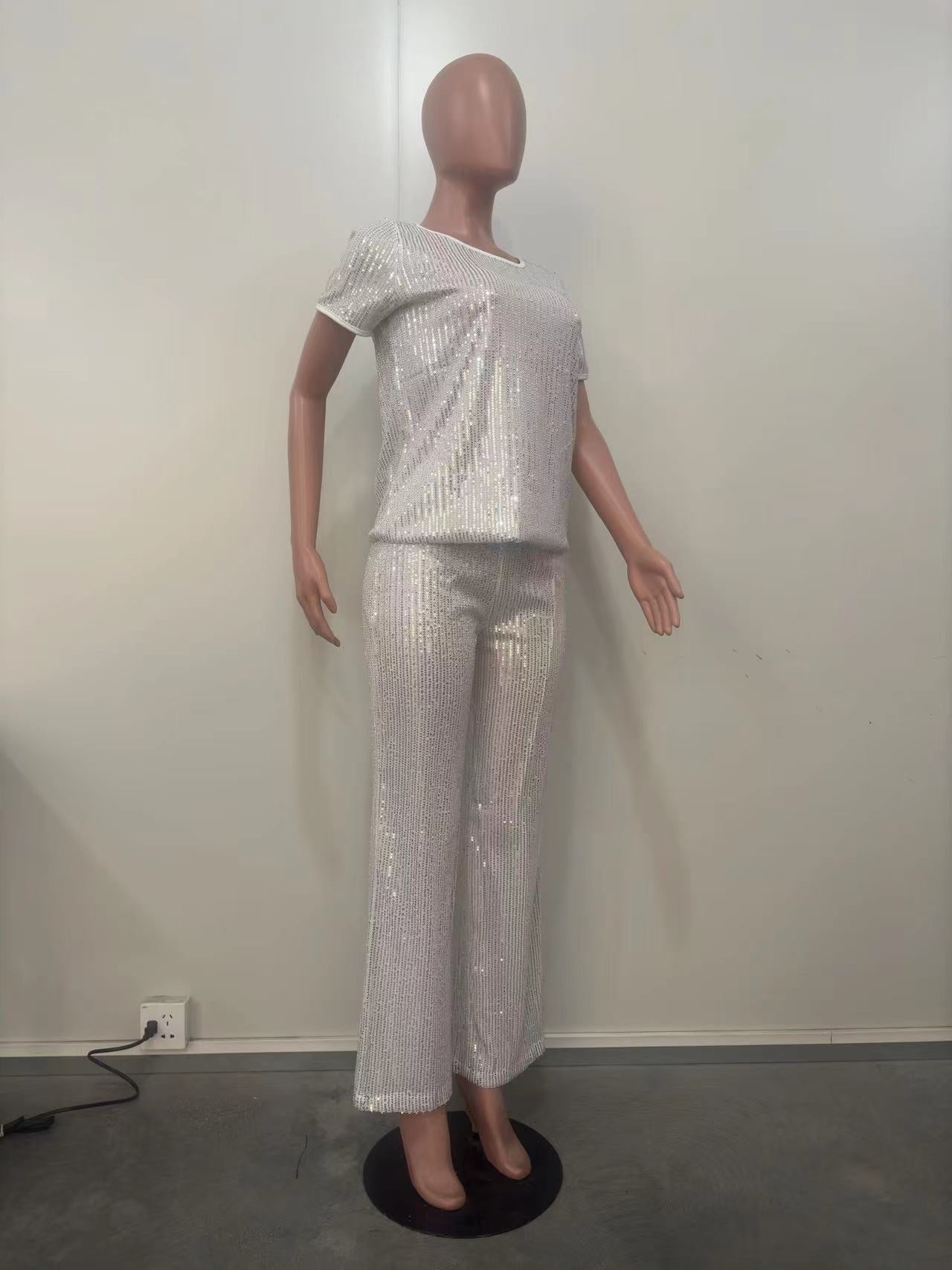 Women Spring Summer Sequin Solid Short Sleeve Top and Pants Two-piece Set 36