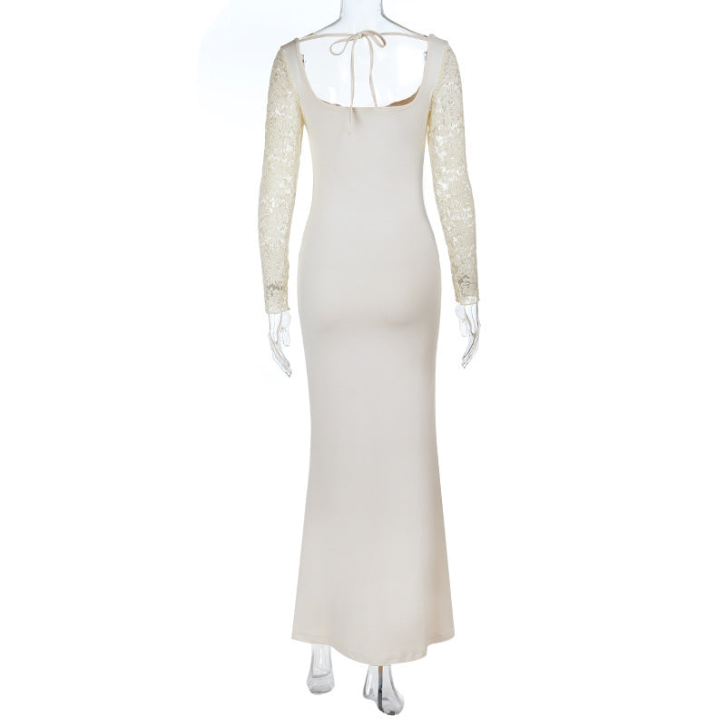 Sexy Lace Long-Sleeve Long Dress Chic Low Back Bodycon Dress 9