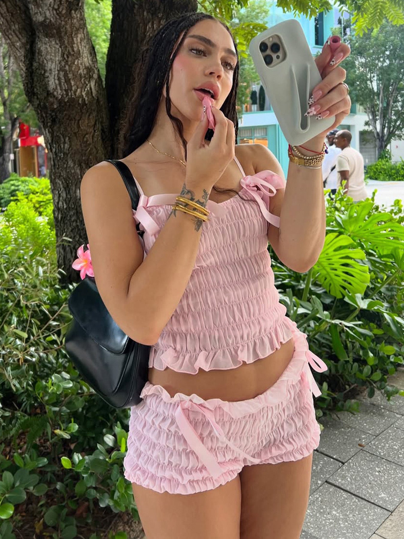 Women Bow Pleated Camisole Shorts Two-Piece Set